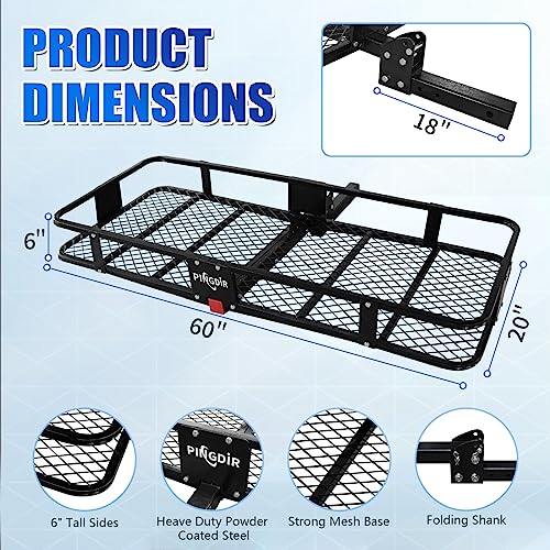 PINGDIR Folding Hitch Mount Cargo Carrier Hitch Rack Basket 60"*21.5"*6" Hauling Weight Capacity of 500 Lbs, Waterproof Cargo Bag 58" 19" 24", with Hitch Stabilizer,Cargo Net and Ratchet Straps - size: 60 inches