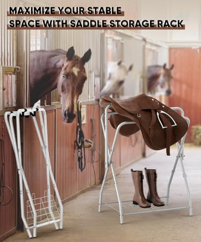 Queension Foldable Saddle Rack with Bottom Storage for Horse Stable, White - style: Standing-White