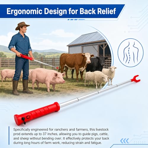 Cattle Prod Livestock w/LED Light Waterproof Rechargeable Extend to 37" RED - color: Red