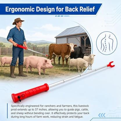 Cattle Prod Livestock w/LED Light Waterproof Rechargeable Extend to 37" RED - color: Red