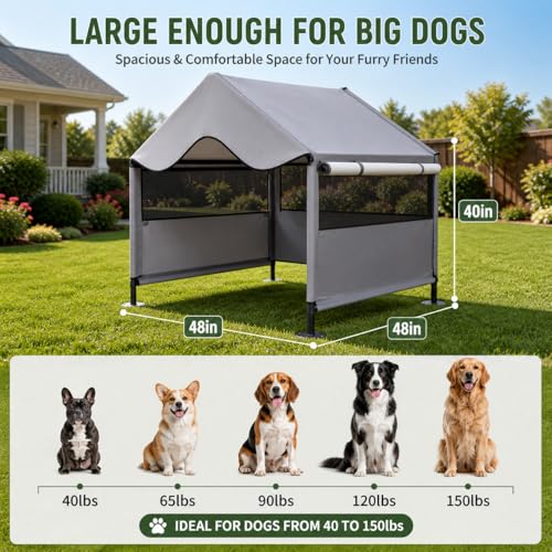 Extra Large Dog Shade Shelter Canopy with UV Protection, Big Dog House Outside, Outdoor Dog Tent with Three-Sided Breathable Mesh Windows, Gray Sun Rain Cover for Pet Sheep Goat 4'x 4'x 3.3'