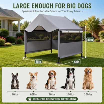 Extra Large Dog Shade Shelter Canopy with UV Protection, Big Dog House Outside, Outdoor Dog Tent with Three-Sided Breathable Mesh Windows, Gray Sun Rain Cover for Pet Sheep Goat 4'x 4'x 3.3'
