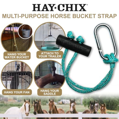 Hay Nets for Horses + Bucket Strap Bundle | 1- Half Bale Net 1 3/4” | Slow Feed Hay Bag Feeder and 1 - Bucket Strap for Hanging Water Bucket or for Barn Organization 14”, Redemption Turquoise