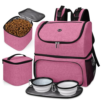 BAGLHER Pet Travel Bag, Double-Layer Pet Supplies Backpack (for All Pet Travel Supplies), Pet Travel Backpack with 2 Silicone Collapsible Bowls and 2 Food Baskets Pink - color: Light pink