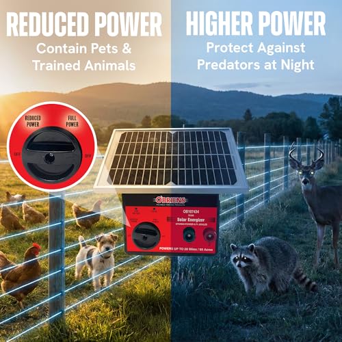 O’Briens 0.71 Joule Solar Electric Fence Charger | Adjustable Power Dial | Powers Up to 28 Miles or 95 Acres | Solar-Powered Energizer with LED Indicator, Fence & Ground Leads, Rechargeable Battery