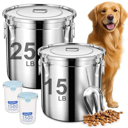 Newget 38lb Airtight Stainless Steel Dog Food Storage Container with Scoop - size: 38 lb