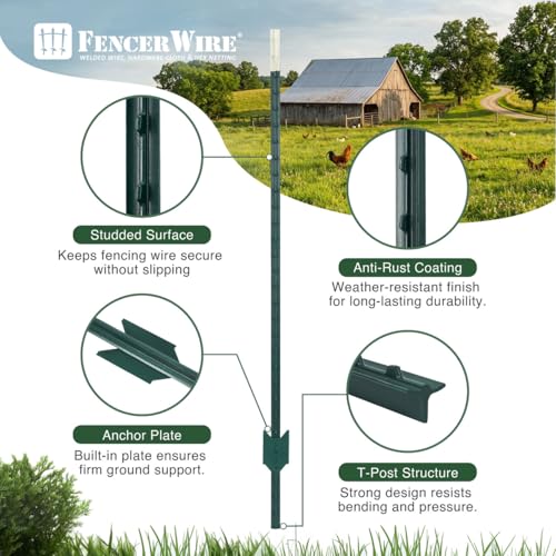 Fencer Wire 12.5-Gauge 5 ft. x 100 ft. Galvanized Welded Fence Wire Roll with 15 pcs 7 ft T-Posts, Farm & Garden Fencing Kit