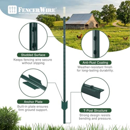 Fencer Wire 12.5-Gauge 5 ft. x 100 ft. Galvanized Welded Fence Wire Roll with 15 pcs 7 ft T-Posts, Farm & Garden Fencing Kit