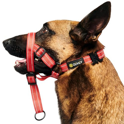 Adjustable Dog Head Halter with Safety Strap, Soft Padded Dog Head Collar for Small Medium Large Dogs, No-Pull Dog Harness for Training and Walking (Large, Red) - size: L