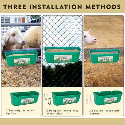 10 Pack Fence Feed Feeder 4.5 Quart Hanging Chicken Feeder Trough with Brush & Scoop Green Goat Hanging Fence Feeders Feeder with Hooks Screws & Zip Tie for Livestock Feeding Container Goats Supplies - color: Green, size: 10 Pack