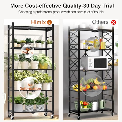 Himix 5-Tier Foldable Storage Shelves with 20 Hooks Wheels Kitchen Black - color: Black, size: 5-Tier