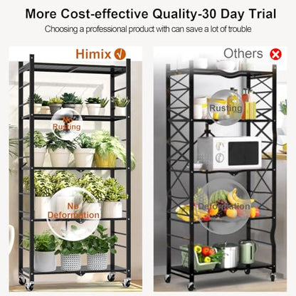 Himix 5-Tier Foldable Storage Shelves with 20 Hooks Wheels Kitchen Black - color: Black, size: 5-Tier