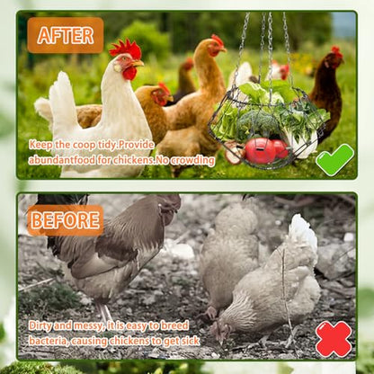2 Pack Hanging Chicken Feeder Accessories,9.25IN Large Foldable Chicken Vegetable Treat Holder Basket,Sturdy Hanging Poultry Feeder Cabbage Bowl Sack with 4Pcs 20inches Hanging Chain for Chicken Coop - size: Large-2Pack