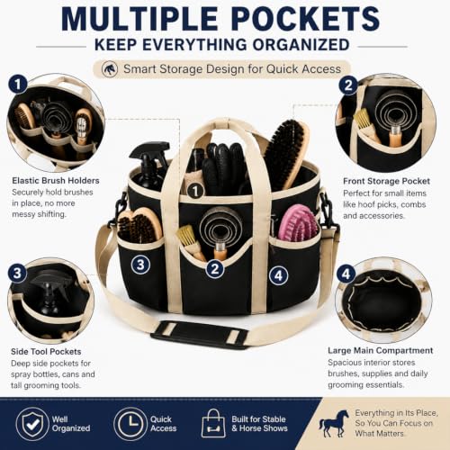 Horse Grooming Tote Bag, 600D Oxford Equestrian Organizer with Strap - color: Black