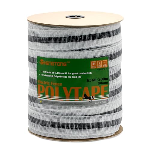Electric Fence Poly Tape Horse Fencing Tape 656 Feet 200m, 2 Inch 50mm Width, 12 x 0.18mm Stainless Steel Conductors, White and Gray