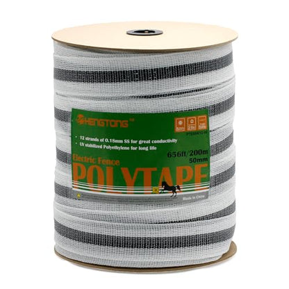 Electric Fence Poly Tape Horse Fencing Tape 656 Feet 200m, 2 Inch 50mm Width, 12 x 0.18mm Stainless Steel Conductors, White and Gray