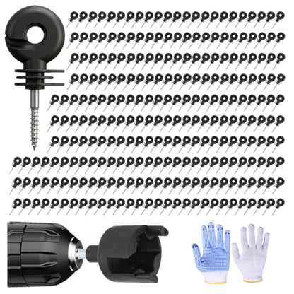 110PCS Upgraded Black Electric Fence Insulators,1 Pc Free Insulator Socket Tool,and 1 Gloves,Screw in Ring Insulators for Farm Animal Fencing(Grid System Accessories for Animal Husbandry Electronic)