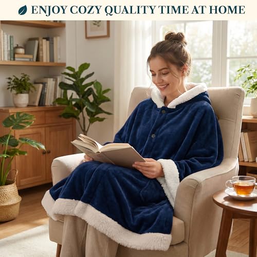 PAVILIA Hooded Blanket Poncho for Women, Fleece Wearable Shawl Wrap, Blue | Fleece Shawl Wrap with Hood, Adult Wearable Blanket, Cozy Warm Poncho Cape Throw with Pockets, Gift for Elderly Mom - color: Navy
