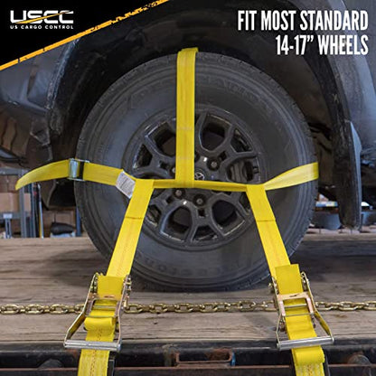 US Cargo Control Side Mount Wheel Net with Cam Buckle,Two Ratchets and Chain Extensions, Easy to Use Wheel Strap for Vehicle Tie Down Applications, Durable Polyester Webbing, 2 Pack