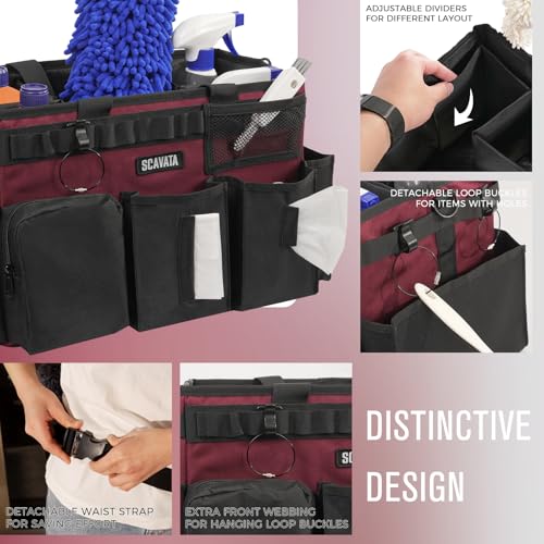 SCAVATA Wearable Cleaning Caddy Bag, Cleaning Caddy Supplies Organizer with Handle & Shoulder Straps for Housekeepers, Under Sink & Car Cleaning Tool Organizers with 4 Foldable Divider (Magenta) - color: Magenta