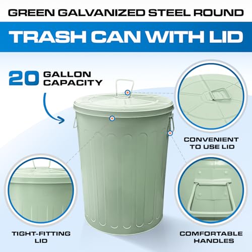 Plexon 20 Gallon Metal Trash Can with Lid Outdoor Large Trash Bin Steel Garbage Can for Garage Patio Farmhouse Bucket Bird Seed Storage Can Heavy Duty Round Container, Green - color: Green
