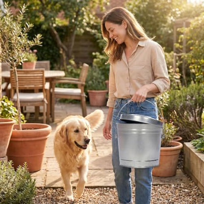 6 Gallon Galvanized Steel Locking Lid Storage Can, Heavy-Duty Metal Storage Bucket with Wire Bail Handle, Galvanized Steel Trash Can for Bird Seed, Pet Food, Charcoal, Yard Waste