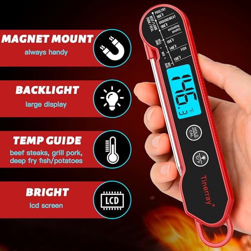 Professional Digital Meat Thermometer Instant Read Waterproof – Folding Probe Food Thermometer with Backlight & Calibration, Fast Read for BBQ, Grill, Deep Fry, Cooking, Liquids, Gift for Chef - color: Red