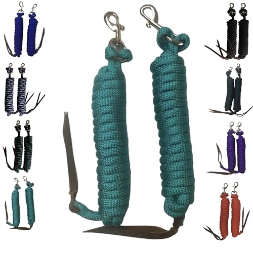 Majestic Ally 14' Pack of 2 Poly Training Lead Rope with Leather Popper for Horses & Livestock – 14 Foot Long and 5/8 inch Thick - Replaceable Heavy-Duty Bolt Snap (Turquoise) - color: Turquoise