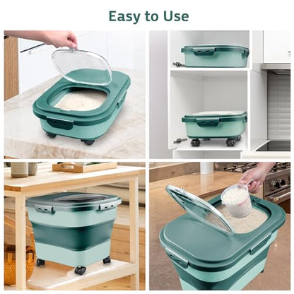 Komzon Rice Storage Containers, Collapsible 20 to 30Lbs Food Storage Bin Dispenser with Rolling Wheel and Clear Airtight Lid, BPA Free Flour, Sugar, Cereal and Dog Cat Pet food Containers - color: Green