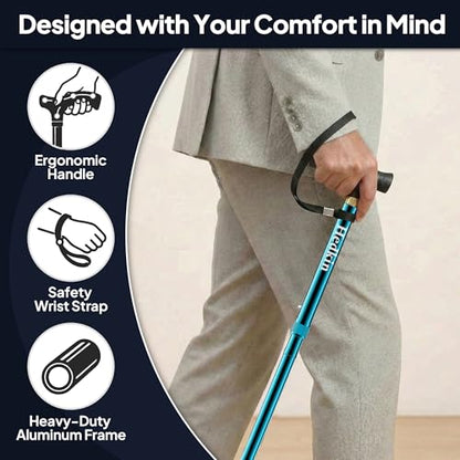 Walking Cane with LED Light, Foldable,Adjustable, Self Standing Walking Canes for Men & Women,Walking Sticks with Quad Base for Seniors & Adults - color: Blue