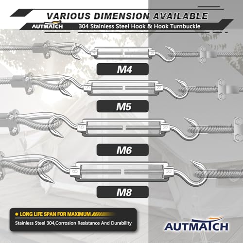 AUTMATCH M5 Hook&Hook Turnbuckle - 304 Stainless Steel Wire Rope Tensioner | Adjustable Turnbuckle for Cable Railing, Fence & Shade Sail Hardware, Wire Rope Tension Kit, 6-Pack, Silver - color: Silver Tone - Hook & Hook, size: M5