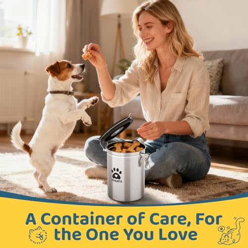 ENONCI Airtight Dog Treat Canister, 304 Stainless Steel Food Storage Jar with Date Dial Silver-1.5L - color: Silver, size: 1.5l