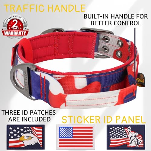 ADITYNA Heavy Duty Dog Collar for Medium Dogs with Traffic Handle - color: Camo Red Blue, size: Medium: Fit 15-19" Neck