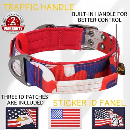 ADITYNA Heavy Duty Dog Collar for Medium Dogs with Traffic Handle - color: Camo Red Blue, size: Medium: Fit 15-19" Neck