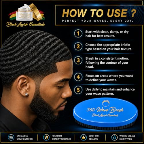 360 Wave Brush, Soft, Build Deeper Waves & Hard Boar Bristle, Curved Design, Black Lavish Essentials Signature (Soft Brush, Sky Blue) - color: Sky Blue, size: Soft Brush