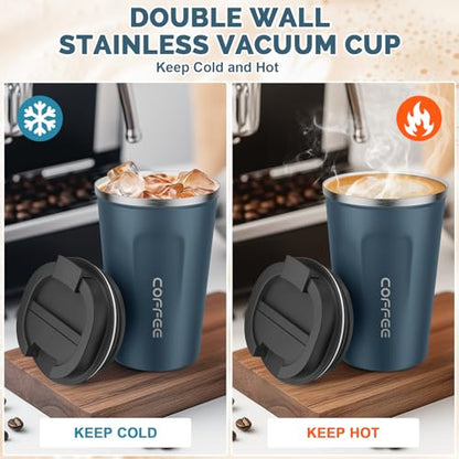 MOMSIV 12oz Travel Coffee Mug, Insulated Coffee Cup with Leakproof Lid - color: A-Silver Blue-12oz