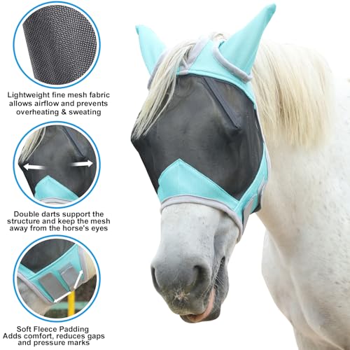 Horse Fly Mask with Ears, Breathable Fine Mesh Turquoise Cob - color: Turquoise, size: Cob