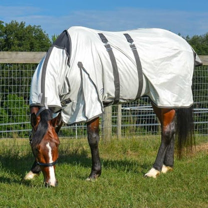 Country Pride Deluxe Mesh Fly Sheet, Full-Coverage Horse Fly Protection, Belly Band, Attached Neck Cover, Shoulder Gussets, Tail Cover, Adjustable Fit, Grey with Silver Trim (78 in) - size: 78 in