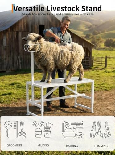 Garvee Goat Milking Stand, 47x23 Inch Livestock Stand, Metal Sheep Milking and Shearing Stand 21" to 33" Adjustable Height, with Headpiece and Nose Loop - color: White
