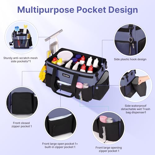 JKAOO Large Wearable Cleaning Caddy Bag with Handles, Denim Blue | Adjustable Shoulder & Waist Straps, Removable, Waterproof Tote for Cleaning Supplies, Home, Car, Office - color: Denim Blue