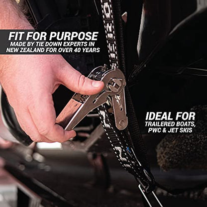 Stainless Boat Tie Down Straps to Trailer (Pack of 2) - 2,400lbs Break - 1" x 2.5’ Heavy Duty Ratchet Boat Straps UV Treated - Made in New Zealand - color: Black, size: 2.5ft