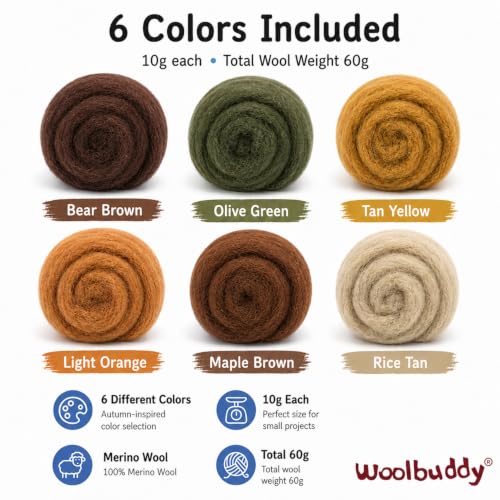 Woolbuddy Wool Roving Kit for Needle Felting (Fall), 6 Colors Natural Wool - color: Wool Bag Fall