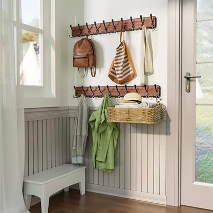 SKOLOO Rustic Coat Rack Wall Mount, 10 Hooks, 38.6'' Long, Solid Wood,Brown - color: Brown Plate & Black Hook, size: 1 Item-10 Hooks