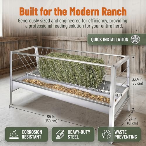 59" X 24" X 33.4" Goat Sheep Feeder, 95 Gallon Goat Hay Feeder, Livestock Hay Feeder with Grain Water Pan, Stainless Steel Frame Safe Rounded Edges, Livestock Feed Trough for Goats, Horses and Cattle