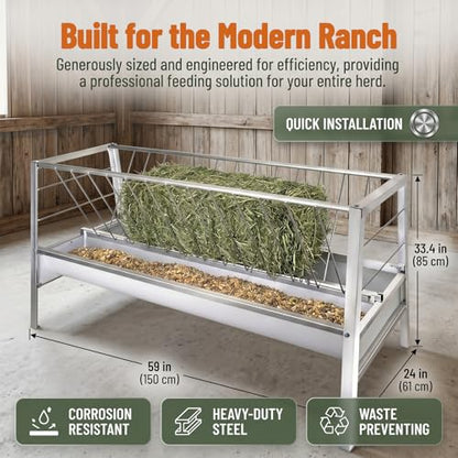 59" X 24" X 33.4" Goat Sheep Feeder, 95 Gallon Goat Hay Feeder, Livestock Hay Feeder with Grain Water Pan, Stainless Steel Frame Safe Rounded Edges, Livestock Feed Trough for Goats, Horses and Cattle