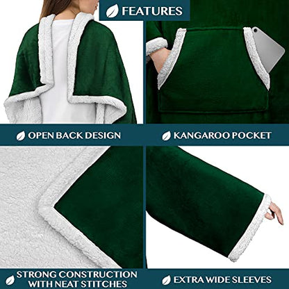 PAVILIA Sherpa Wearable Blanket with Sleeves and Pocket, Plush Thick Cozy Body Blanket Wrap for Adult Women Men, Christmas Gift for Wife Mom, Dark Green - color: Emerald Green