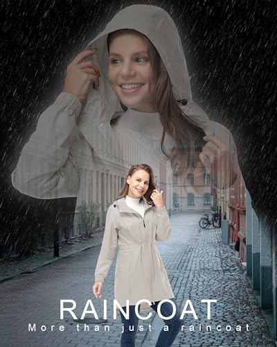 33,000ft Women's Waterproof Long Rain Coats Packable Rain Jacket with Hood - color: Beige, size: XX-Large
