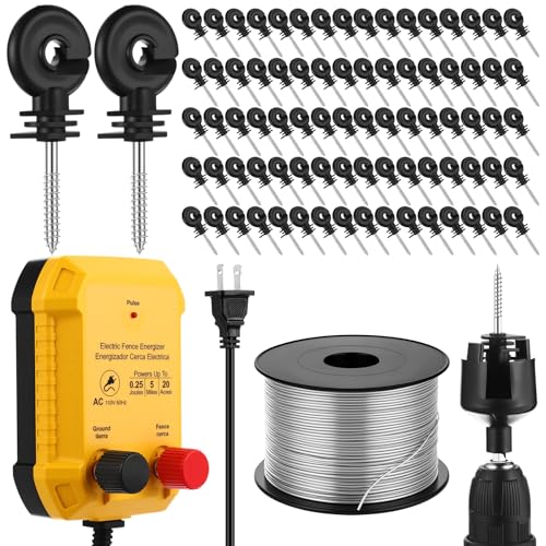 MorningRo Electric Fence Charger Kit 0.25 J 5 Mile 80 Insulators 985ft Wire - style: 0.25 Joule