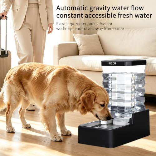 RIZZARI 9L Automatic Dog Water Dispenser: Stainless Steel Bowl - color: Black with Lid, size: 9L