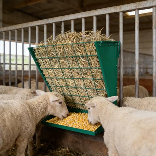 Wall Mount Hay Feeder, 2 in 1 Hay & Grain Livestock Feeder - color: Green